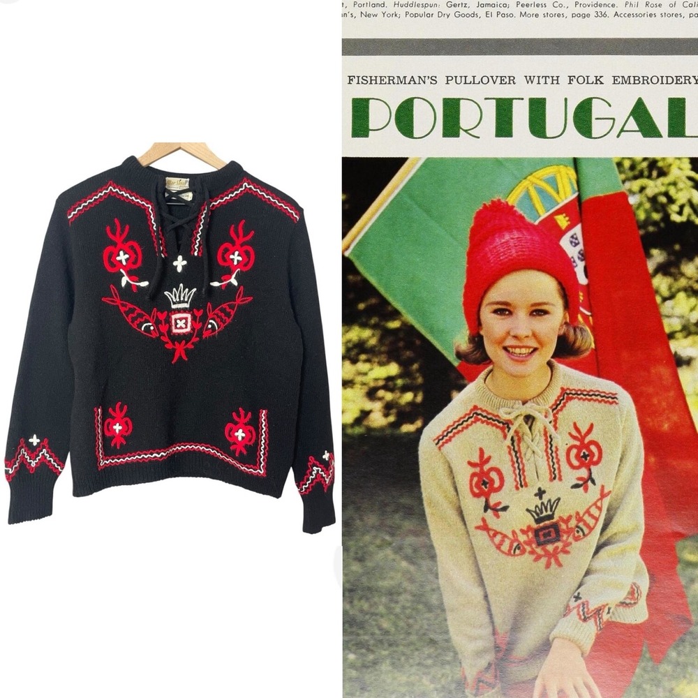 Vintage Folk Art Sweater Fish Embroidery Mar Sina California Knits Shetland Wool